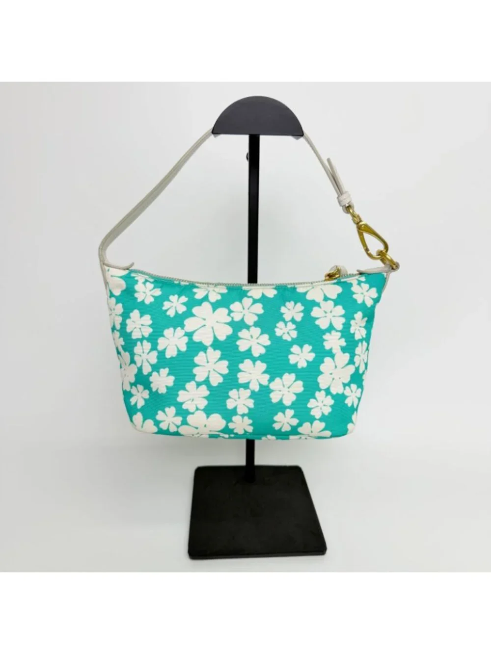 Miu Miu Flower Print Re-Nylon Mini Hobo Handbag Leather Green White Gold Vintage